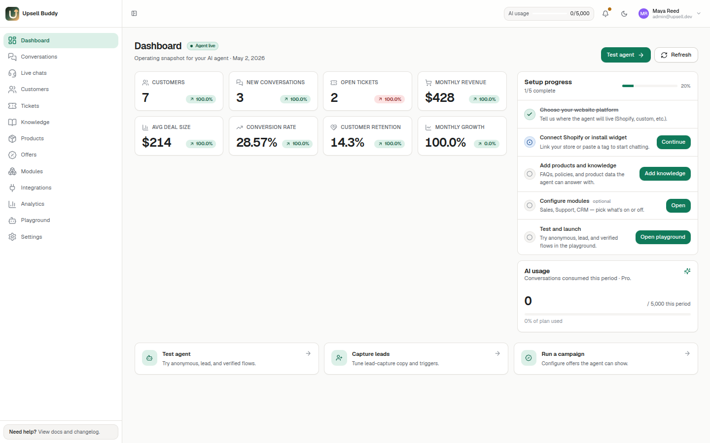 Upsell Buddy dashboard — ecommerce-native with flat monthly billing, AI included